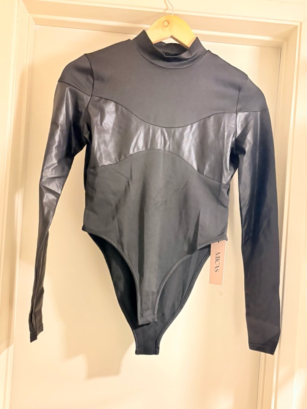 Mock Neck Black Faux-Leather Panel Bodysuit by Mica's